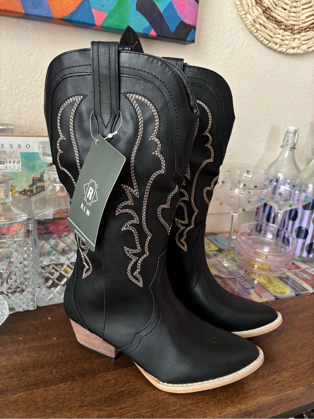 Brand New! Women's Black Leather Western Cowgirl Boots (Size: 8.5)